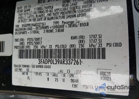 2010 Ford Fusion Hybrid z USA, uszkodzony, nr VIN 3FADP0L39AR337261